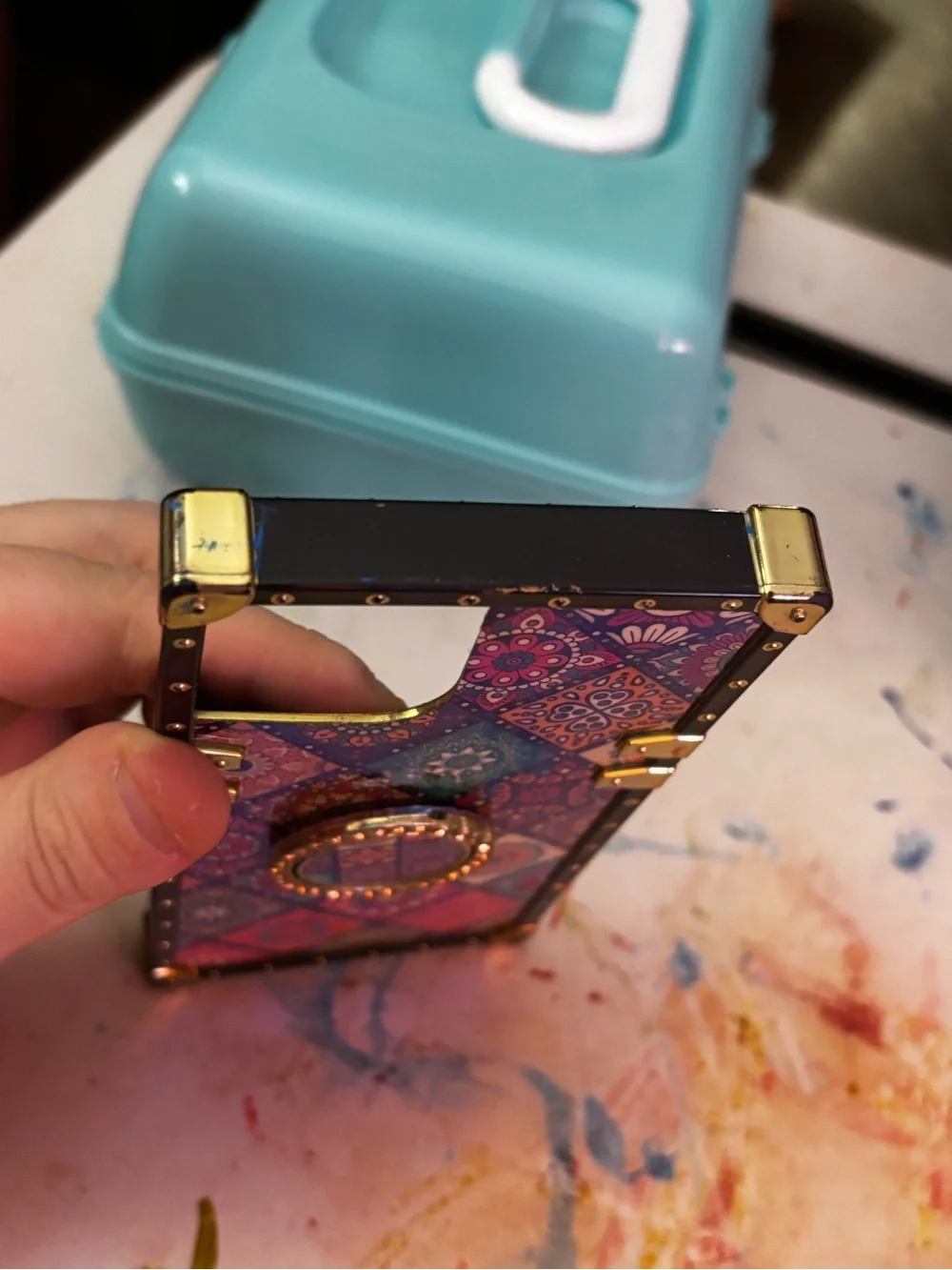Colorful Mosaic Pattern Trunk Style iPhone 15 Case with Gold Ring